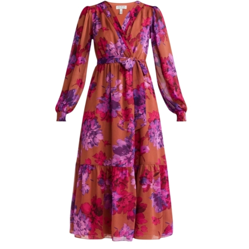 FLORAL PRINT CROSSOVER FRONT CHIFFON LAYER MAXI DRESS SZ XXL NWT - Picture 2 of 5